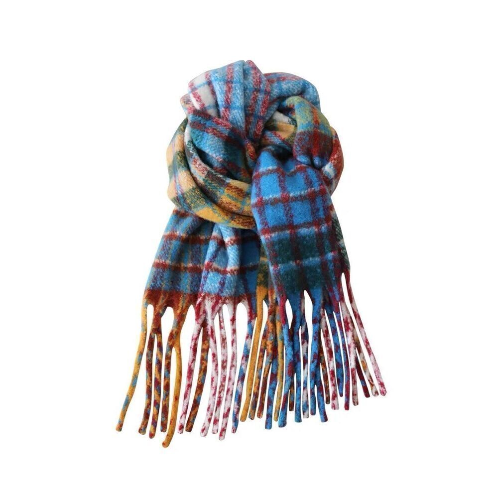 Rainbow plaid fringe oversize scarf